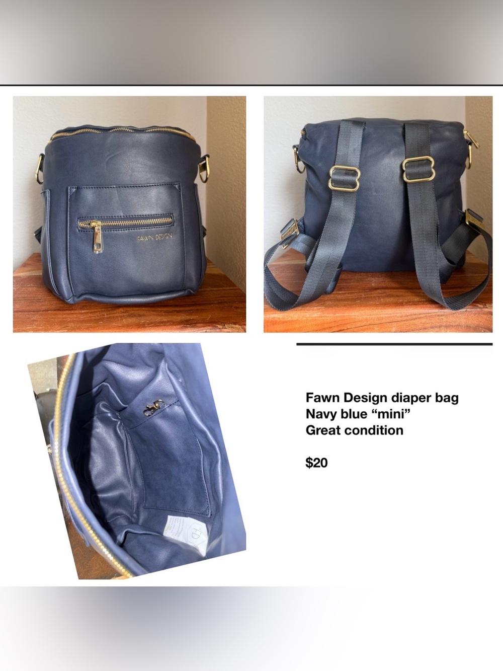 Fawn Design Navy Blue Mini Backpack with Gold Hardware